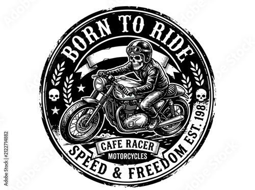 Skull Rider on Cafe Racer Motorcycle Emblem