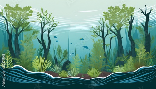 aquatic ecosystem background with underwater plants and tree trunks highlighting the importance of clean water and nature preservation suitable for use in posters brochures or websites