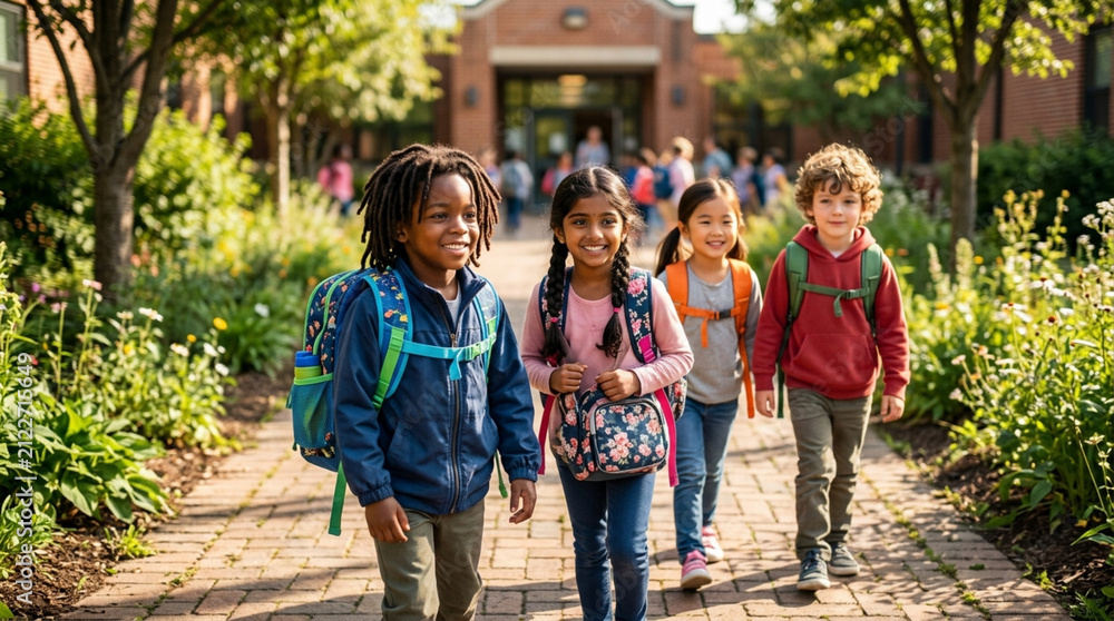 Fototapeta premium Diverse schoolchildren walk to school smiling with backpacks on sunny day