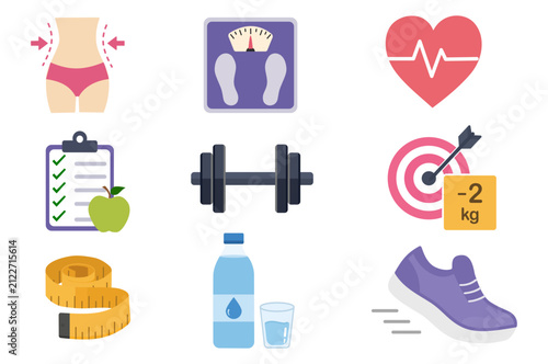 Weight loss and healthy lifestyle flat icon set vector illustration.