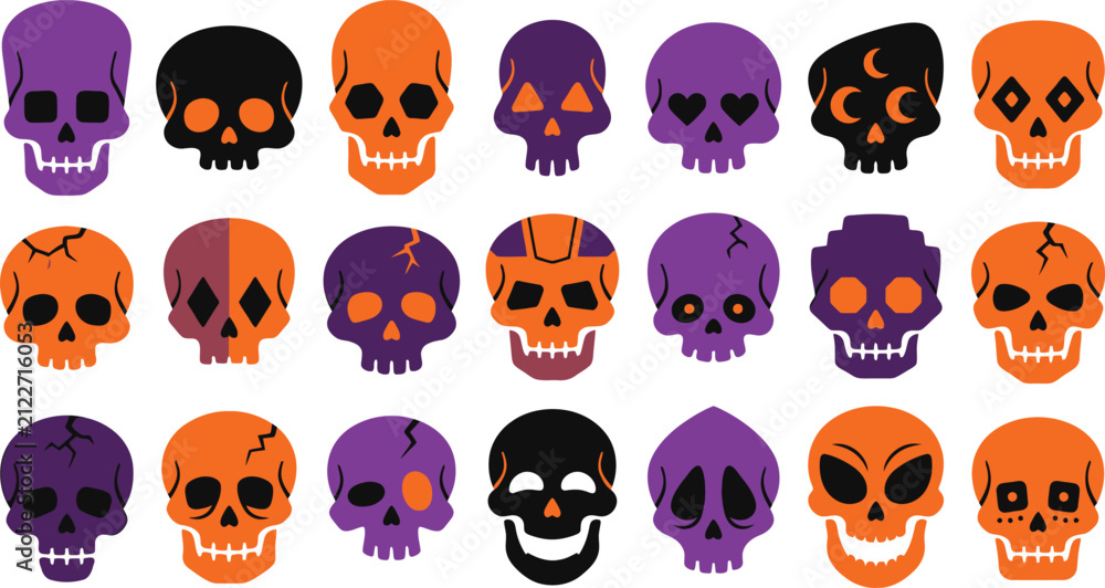 Obraz premium Set of colorful skulls in orange purple and black for a spooky happy halloween day celebration background design
