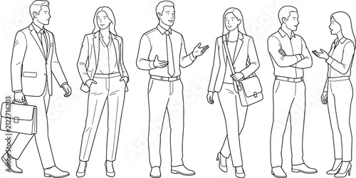 Diverse set of professional business people and office workers standing, walking, and talking in line art style