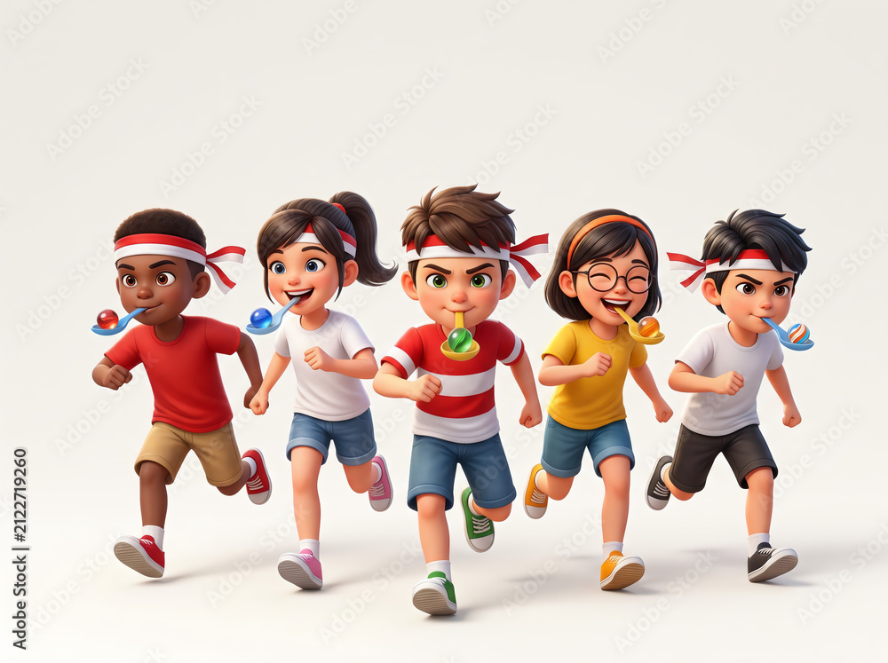 Obraz premium 3D illustration of diverse happy children wearing red and white headbands participating in a traditional marble spoon race for Indonesian Independence Day celebration