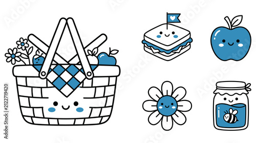 Adorable kawaii picnic basket with fresh food and drinks for outdoor dining.