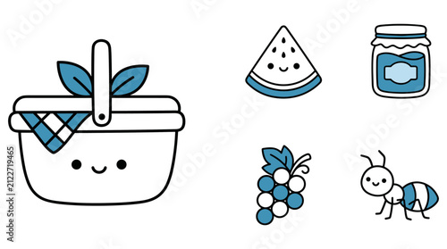 Cute kawaii picnic basket set featuring fresh fruit and sweet jar illustrations for creative summer themed design projects.