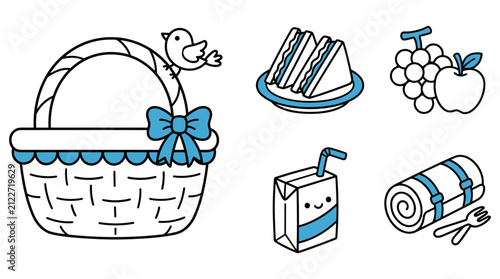 Picnic basket and food vector set with cute bird sandwich apple snack drink and picnic blanket for summer outdoor themes.