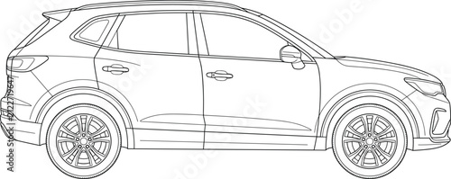 Modern crossover SUV side view vector illustration in clean black and white outline line art style