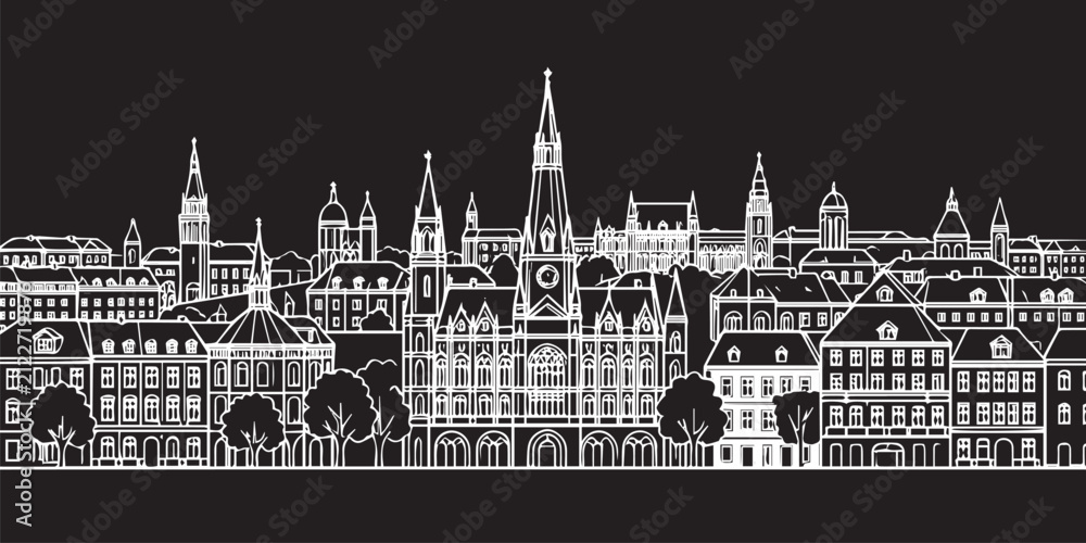 Fototapeta premium Cityscape Building Line art Vector Illustration design Budapest city on Black Background