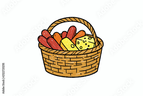 Wicker Basket with Bread and Cheese.