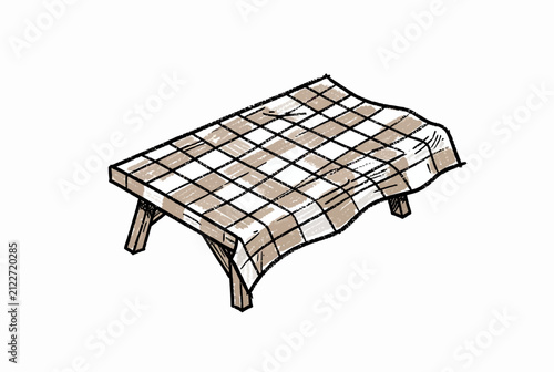 Wooden Table With Plaid Cover.