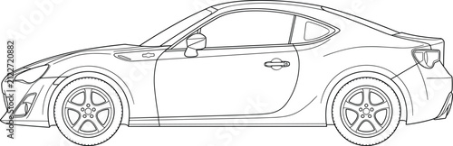 Modern sports coupe car side view vector illustration in clean black and white outline line art style