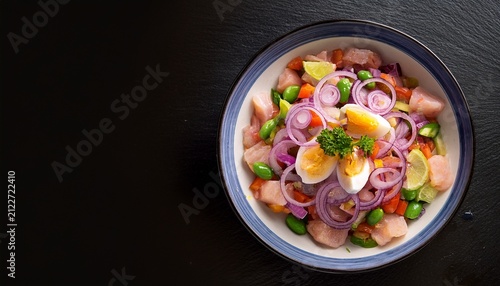 vibrant top view fish salad bowl on dark modern presentation of classic peruvian ceviche with sea
