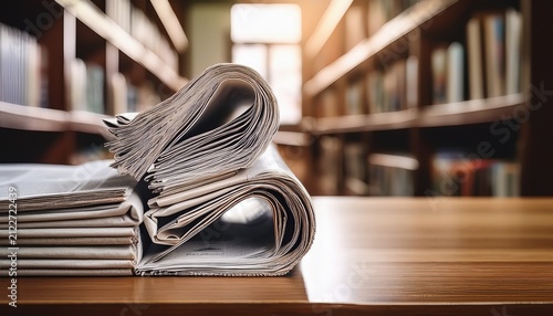 neatly stacked newspapers with blurred library background focusing on tilted top newspaper and open bottom one
