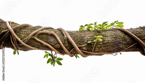 branch tree trunk with jungle vines twisting around tree branch isolated on white background