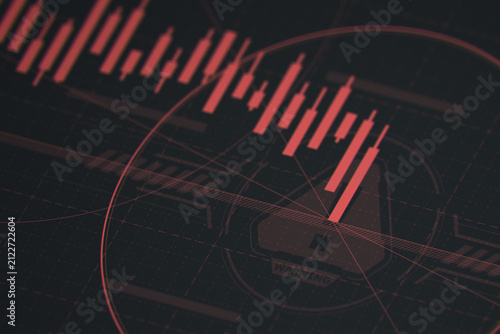 Red financial candlestick chart crashing down with warning sign. Stock market crash and cyber security risk concept.