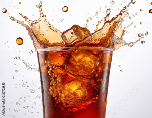 iced tea splash refreshing cola drink with ice background of soda bubbles on white