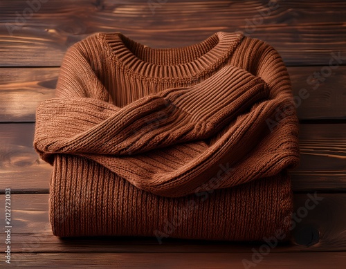 cozy brown sweater folding on wooden background for warmth and comfort
