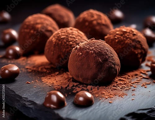 generative ai captures a close up of crispy chocolate truffles on a dark slate board