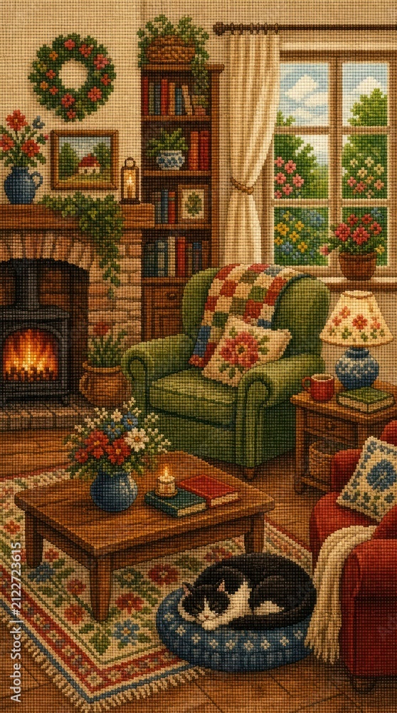 Naklejka premium Cozy living room with fireplace, cat, and floral decor. Mobile wallpaper.