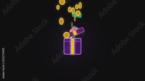 Golden coins and paper banknotes raining into purple gift box animation motion graphic video clip