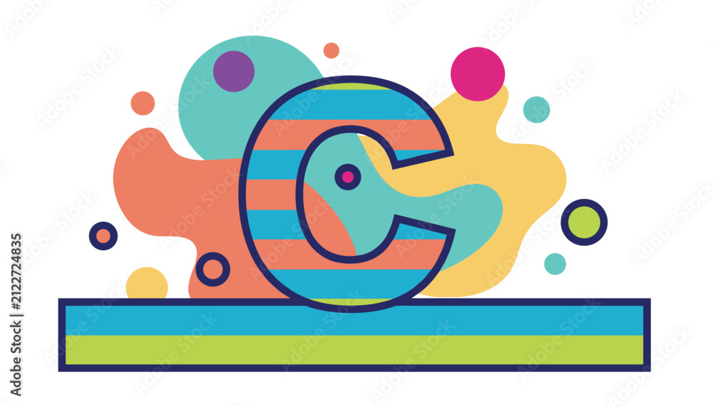 Fototapeta premium Stylized alphabet letter C with blue and orange stripes set against colorful abstract liquid shapes and bubbles.
