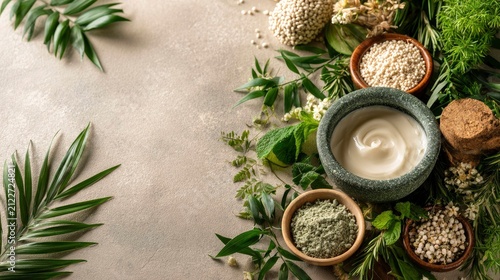 Natural skincare ingredients with herbs and creams arranged on a neutral background