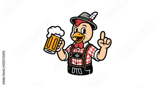 Konstfotografi Cartoon chicken character wearing traditional german lederhosen holding mug of beer at oktoberfest festival