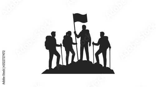 A team of hikers standing together on a mountain peak