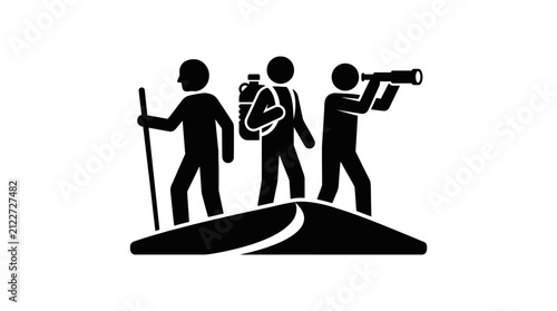 Three stick figures hiking together in nature