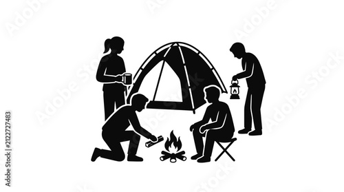 Black silhouette of people camping outdoors
