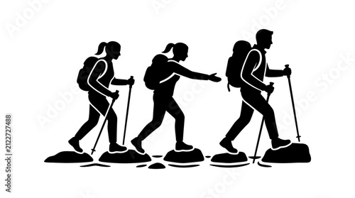 Group of hikers walking together on rocky terrain