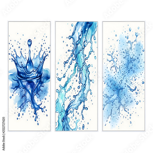 Set of three watercolor blue water splash illustrations on white background
