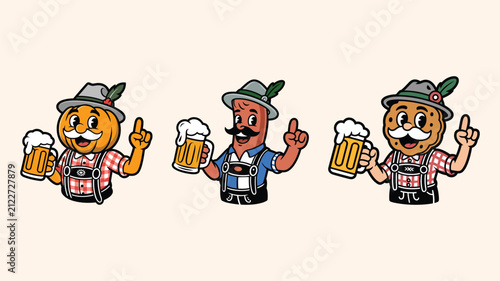 Collection of funny pumpkin sausage and meatball characters celebrating oktoberfest with beer mugs.