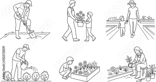 Set of diverse people gardening, planting flowers, watering, and working in a community farm line art vector illustration
