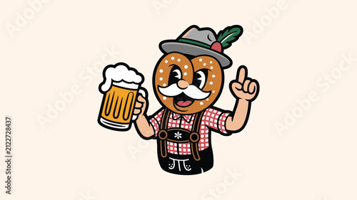 Obraz na płótnie Funny pretzel character wearing lederhosen costume holding foaming beer mug for german festival