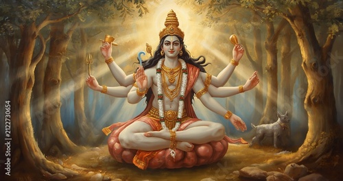 Lord Shiva, or Ishvara, is one of the three supreme deities of the Trimurti in Hinduism. He is the god of destruction of evil, rebirth, and yogic practice. His consort is Goddess Uma Devi, and his son