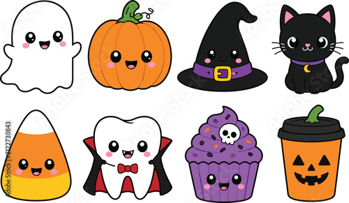 Set of eight cute seasonal illustrations. Kawaii monsters and treats for halloween party decor. Vector graphic bundle.