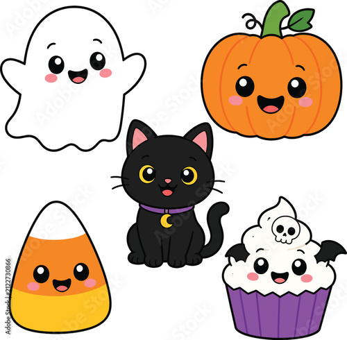 Spooky and cute halloween sticker pack with bat cupcake ghost pumpkin and black cat character designs.