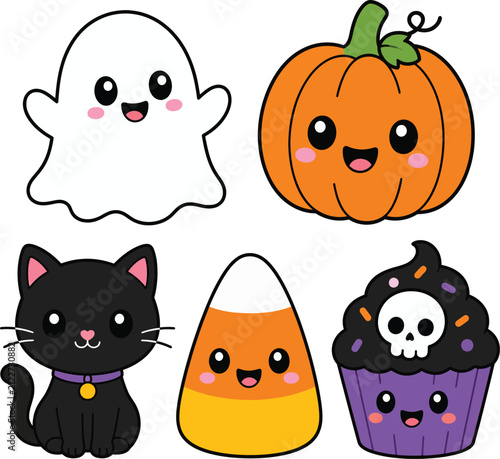 Cute halloween stickers set featuring ghost pumpkin black cat candy corn and skull cupcake in kawaii style.