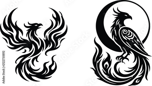 Bild auf Leinwand Set of two black phoenix bird illustrations featuring a flying fire bird and a p