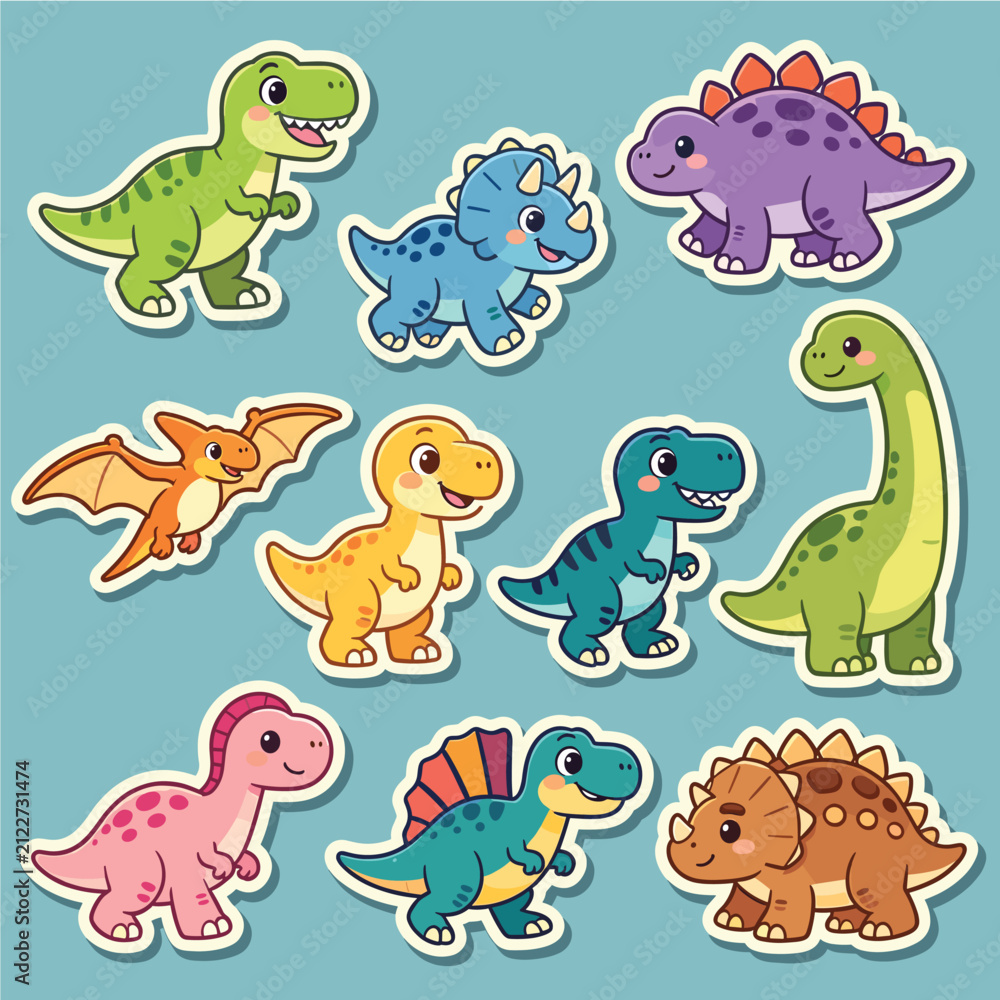 Fototapeta premium Adorable Jurassic Creature Stickers Showcasing Diverse Dinosaurs in Vibrant Colors