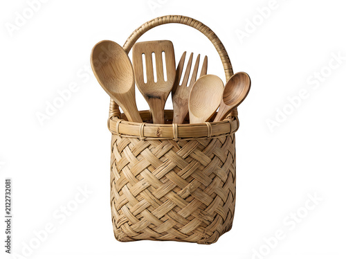 Wooden kitchen utensils inside a woven basket isolated on transparent background
