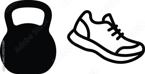 Essential fitness equipment icons featuring a heavy kettlebell and athletic running shoe for effective workouts