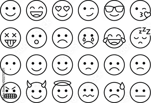 Set of various hand drawn doodle style emoji faces expressing different emotions and moods on white background