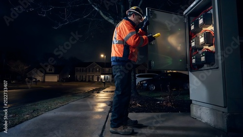 Electrician inspecting electrical panel at night with flashlight and safety gear