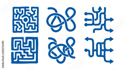 Vector icon set of blue mazes, tangled knots, and branching flowcharts for problem solving, decision making, and strategic planning
