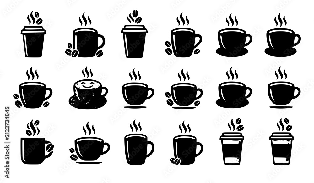Fototapeta premium Happy Coffee Cup Logo Vector Set with Coffee Beans for Cafe Branding