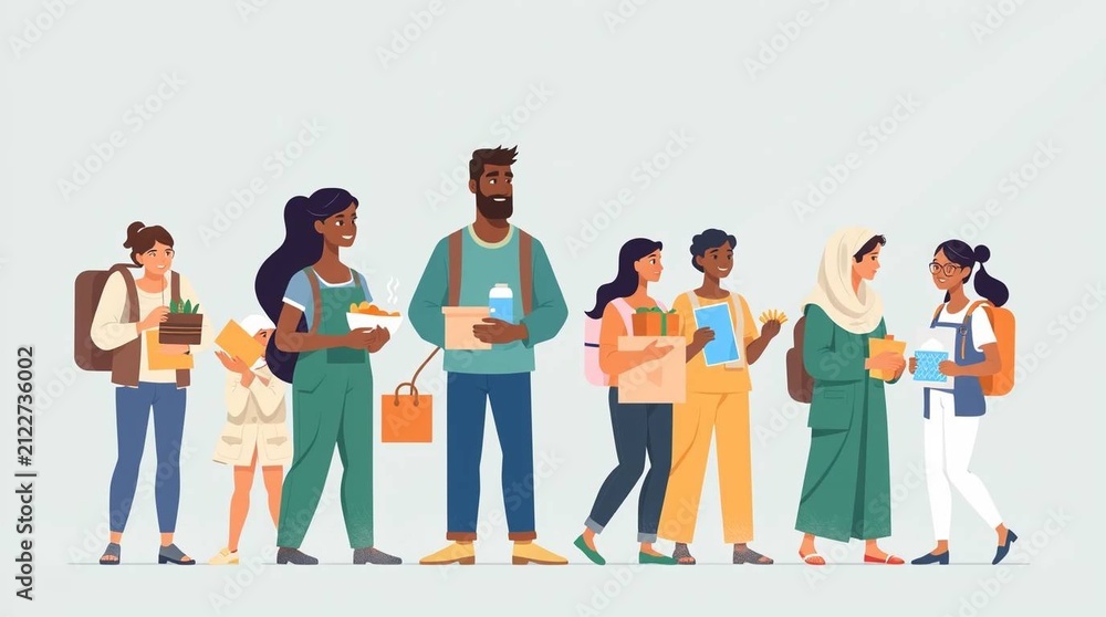 Obraz premium Modern Flat Vector Illustration for World Humanitarian Day with Diverse Volunteers Supporting Communities