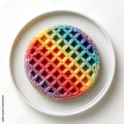 Rainbow Round Waffle on White Plate Top View Concept