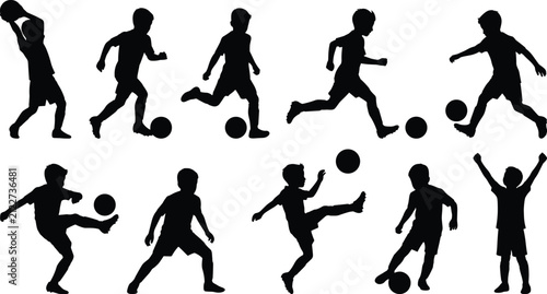 Set of soccer player children silhouettes showing various dynamic actions, kicking, and scoring poses